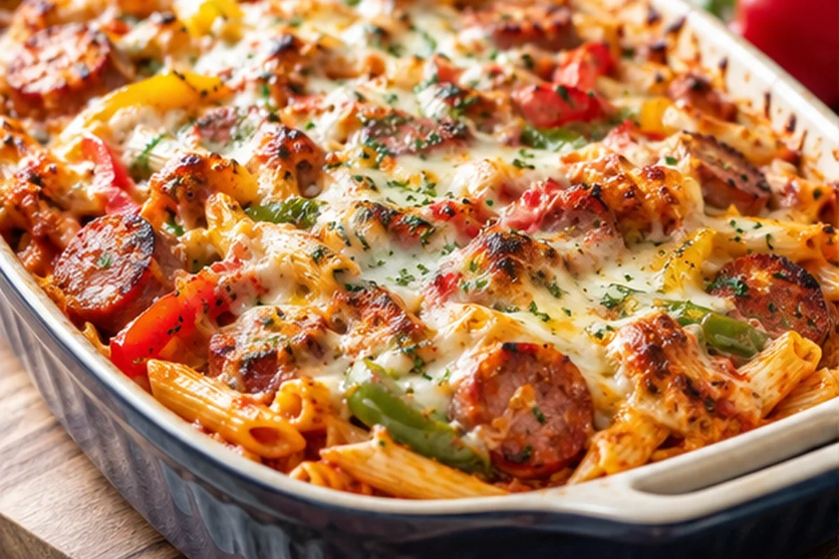 Cheesy Kielbasa Pasta Bake with Peppers