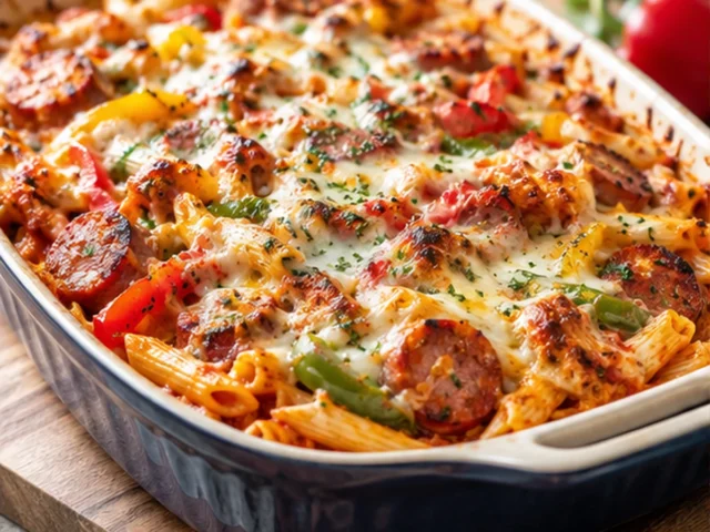 Cheesy Kielbasa Pasta Bake with Peppers