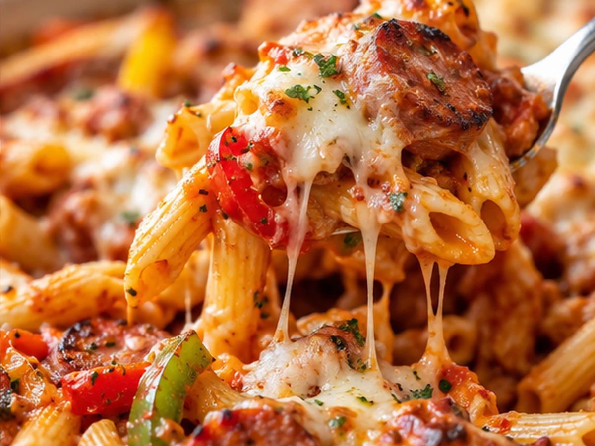 kielbasa pasta bake with peppers served for dinner