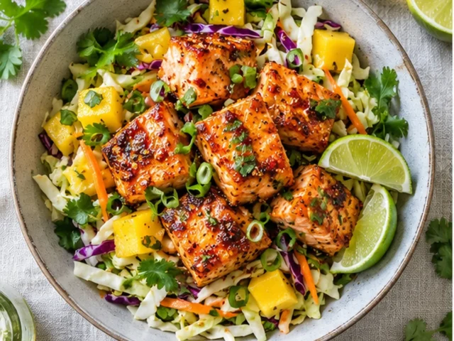 Chili Lime Salmon Bites with Mango Slaw