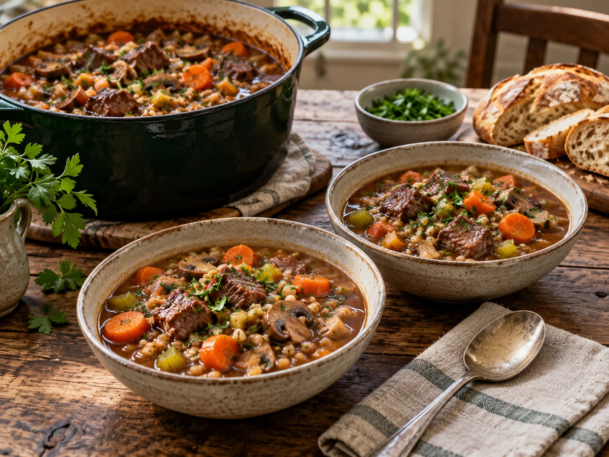 beef and barley stew served for dinner
