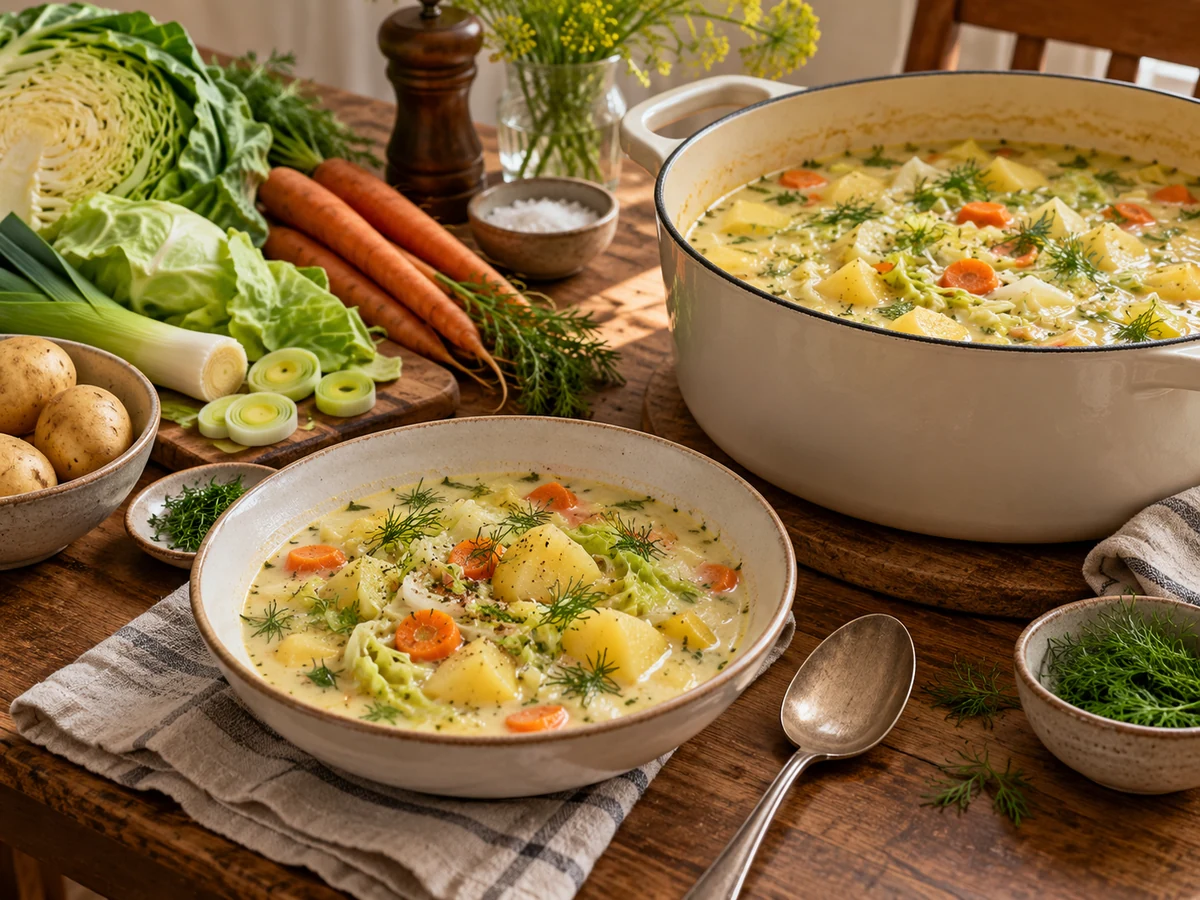 cabbage potato soup with dill served for dinner