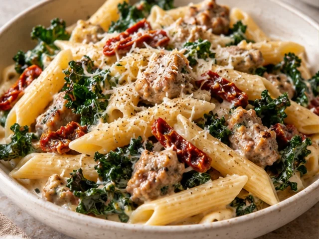 Creamy Kale Turkey Sausage Pasta with Sun-Dried Tomatoes
