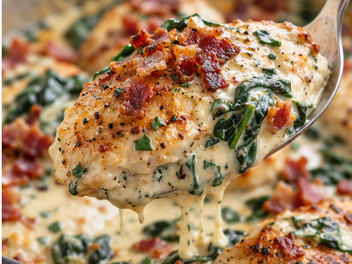 ranch chicken with bacon and spinach served for dinner