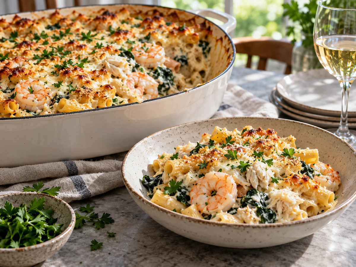 seafood baked ziti served for dinner