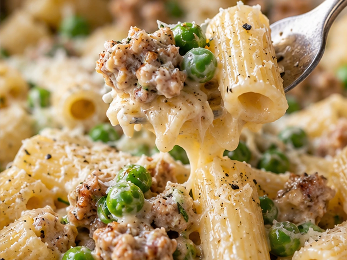 turkey sausage pasta with peas served for dinner
