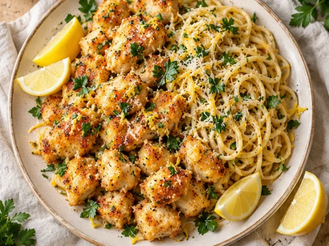 Crispy Lemon Chicken Bites with Garlic Spaghetti