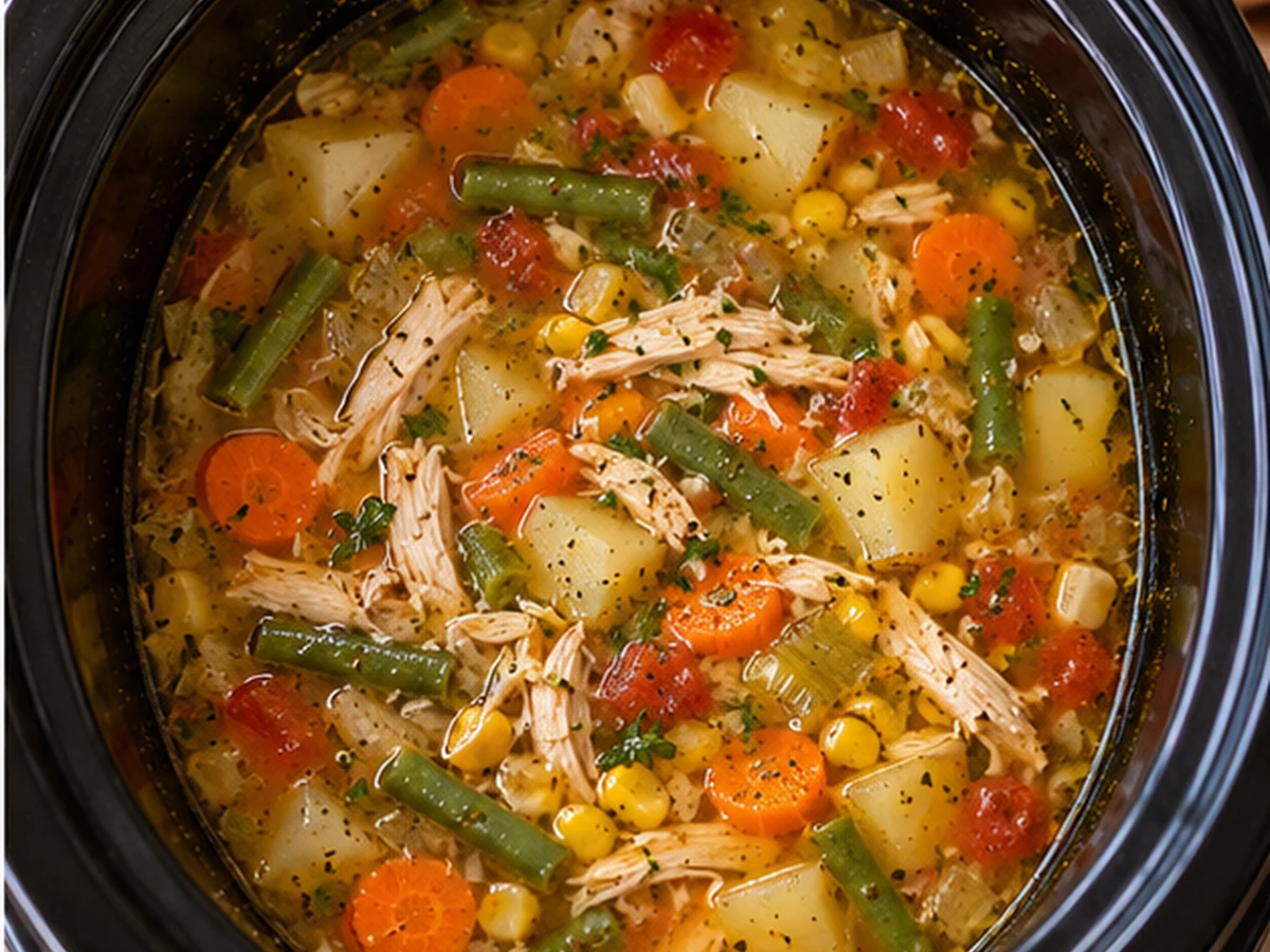 crockpot chicken vegetable soup served as a cozy dinner