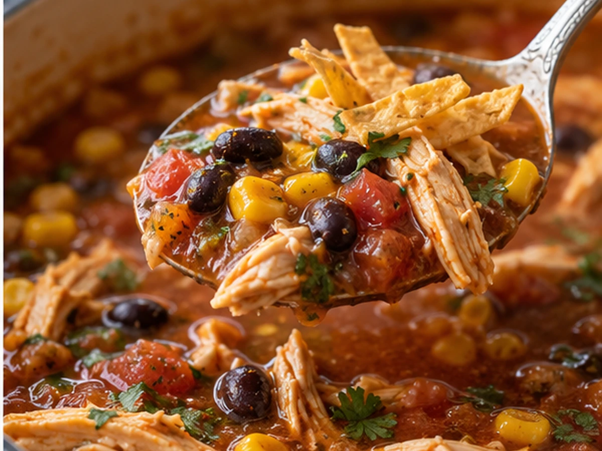 chicken tortilla soup with black beans served for dinner