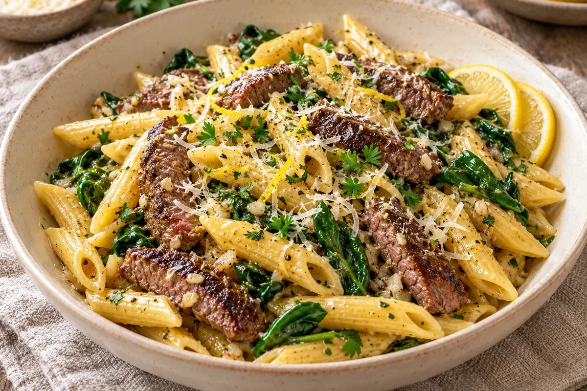 Garlic Butter Beef Pasta with Spinach