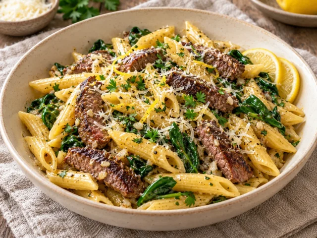 Garlic Butter Beef Pasta with Spinach