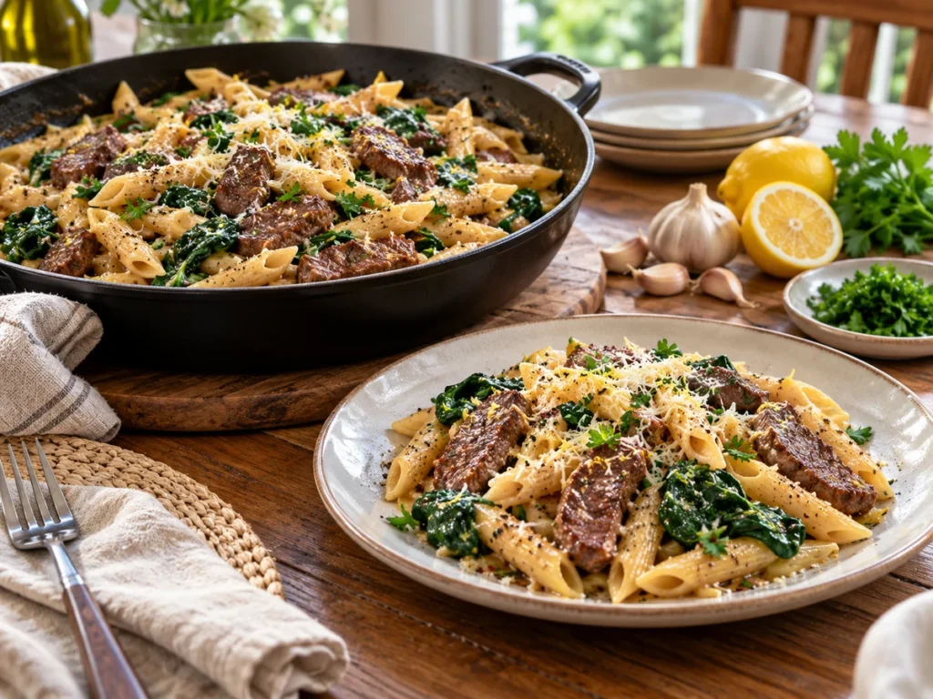 Garlic Butter Beef Pasta with Spinach