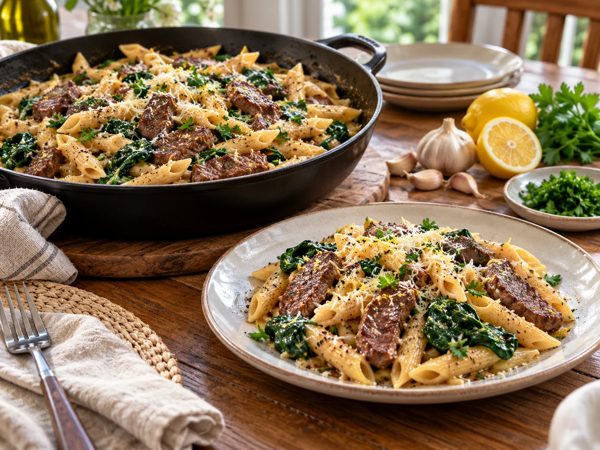 garlic butter beef pasta served for dinner