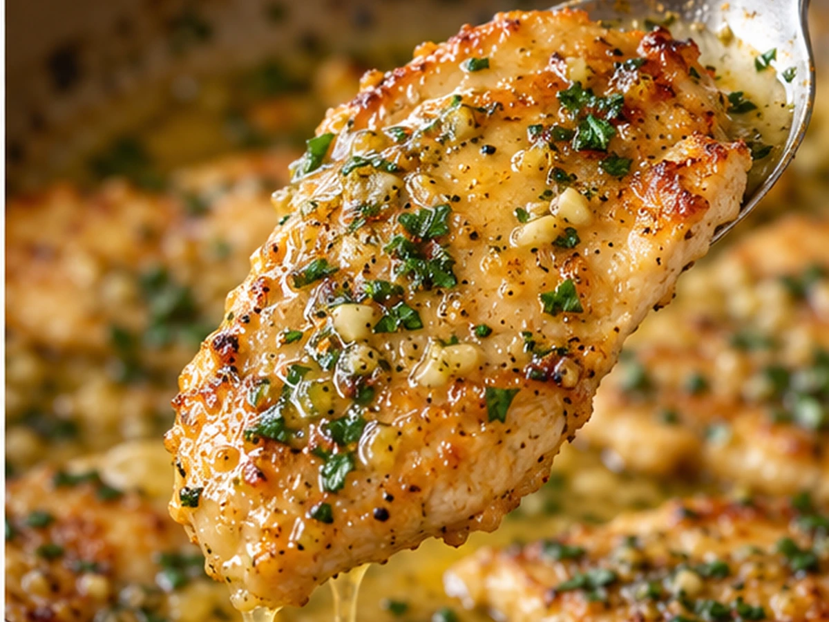 garlic butter chicken cutlets with herb sauce served for dinner