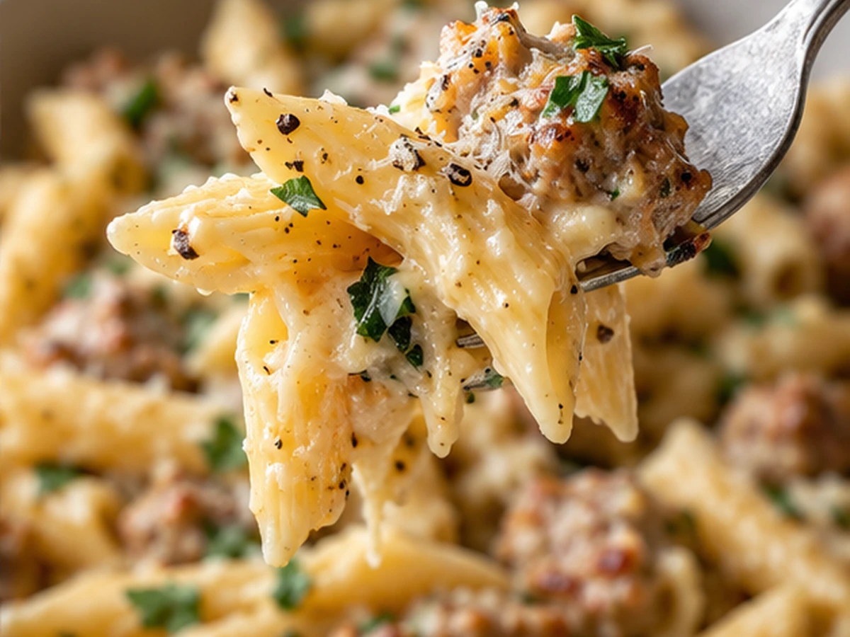 garlic parmesan turkey sausage pasta served for dinner