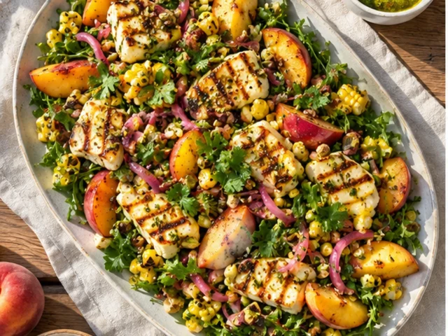 Grilled Halloumi Peach Salad with Sweet Corn