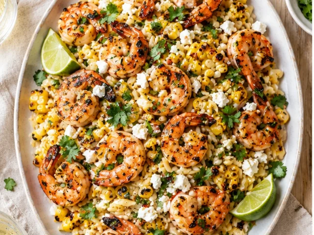Grilled Shrimp Orzo with Corn and Feta