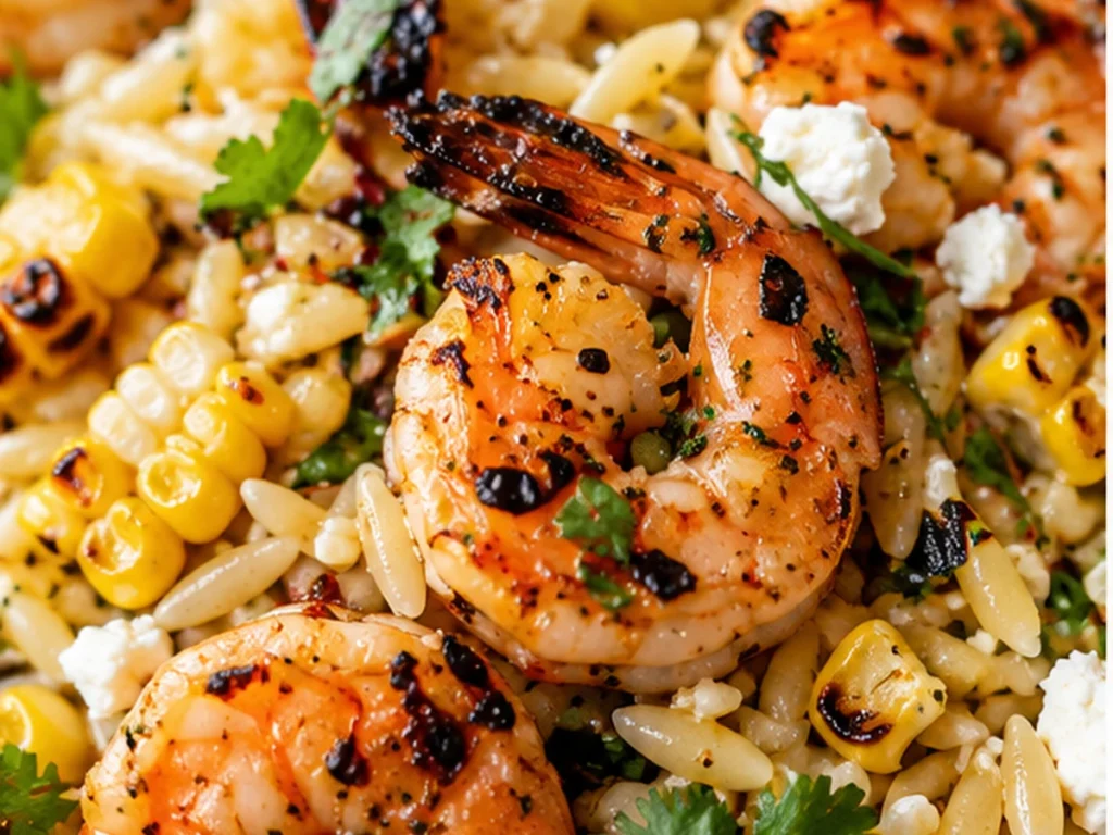 Grilled Shrimp Orzo with Corn and Feta