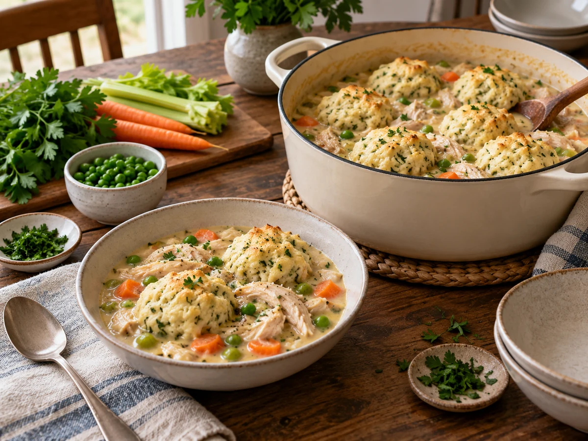 chicken and drop biscuit dumplings served for dinner