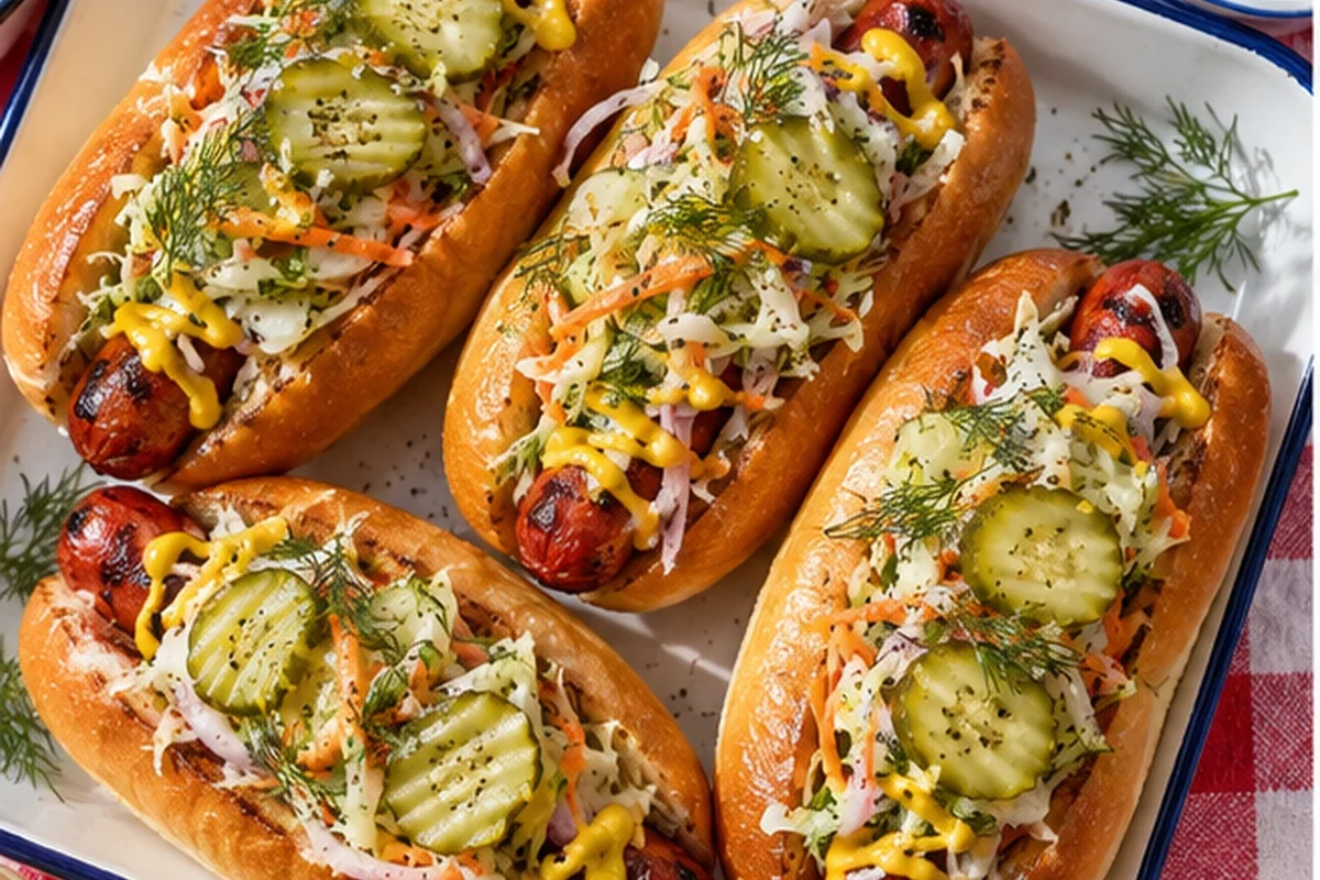 Hot Dogs with Crunchy Pickle Slaw