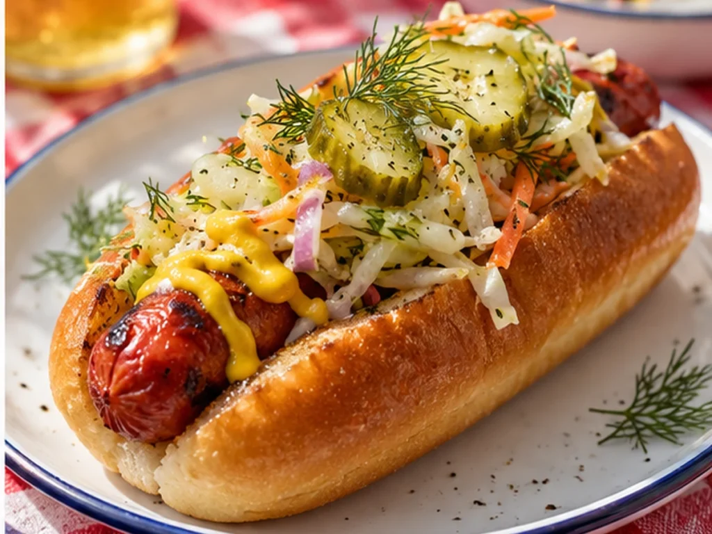 Hot Dogs with Crunchy Pickle Slaw