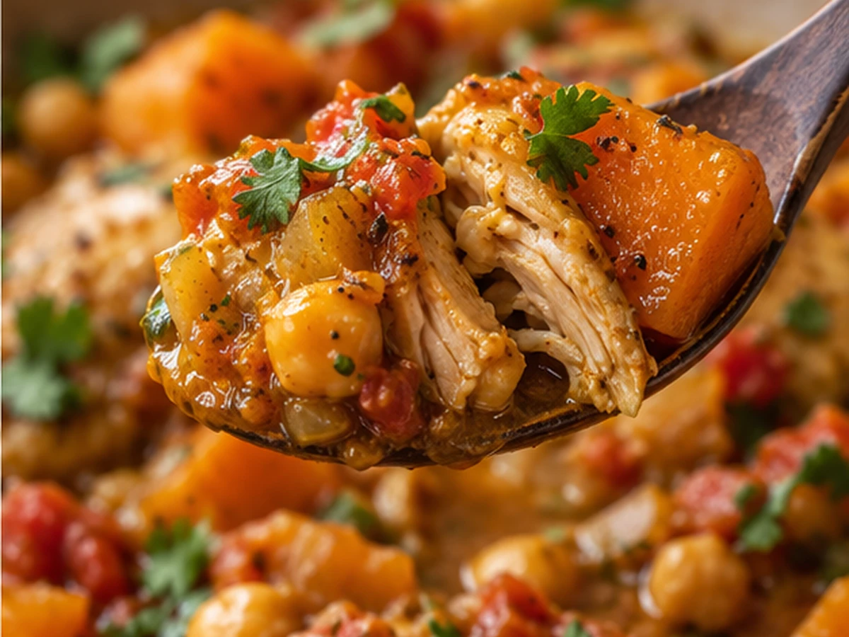 moroccan slow cooker pumpkin chicken served as a cozy dinner
