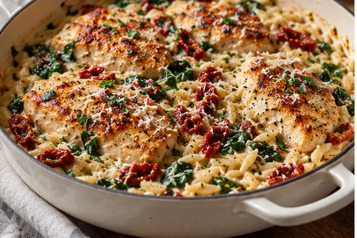 One Pan Sun-Dried Tomato Chicken Orzo