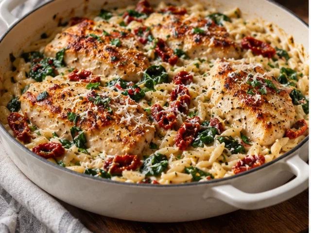 One Pan Sun-Dried Tomato Chicken Orzo