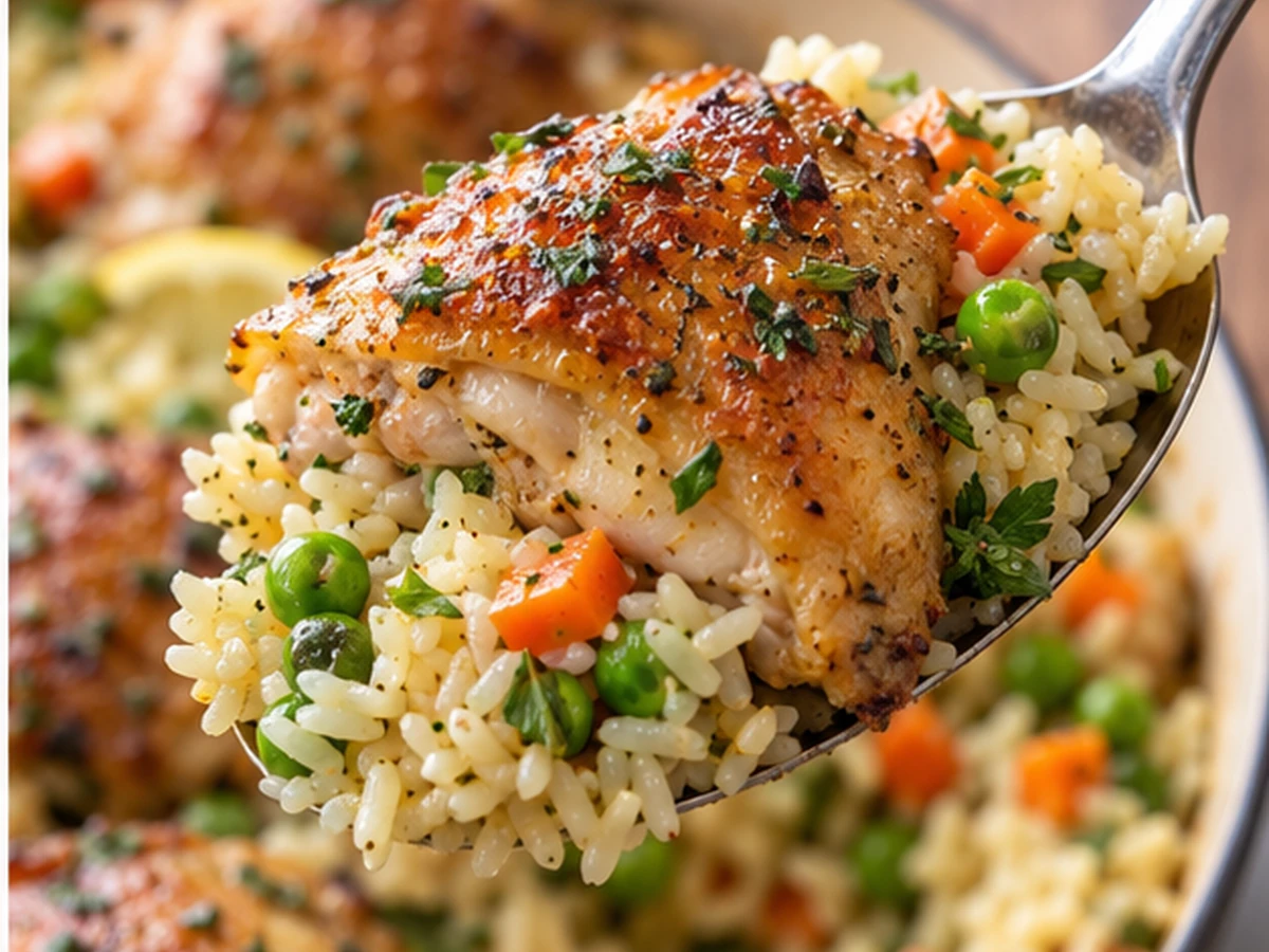 chicken thighs and herb rice served for dinner