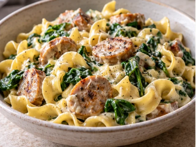 One Pot Turkey Sausage Noodles with Spinach