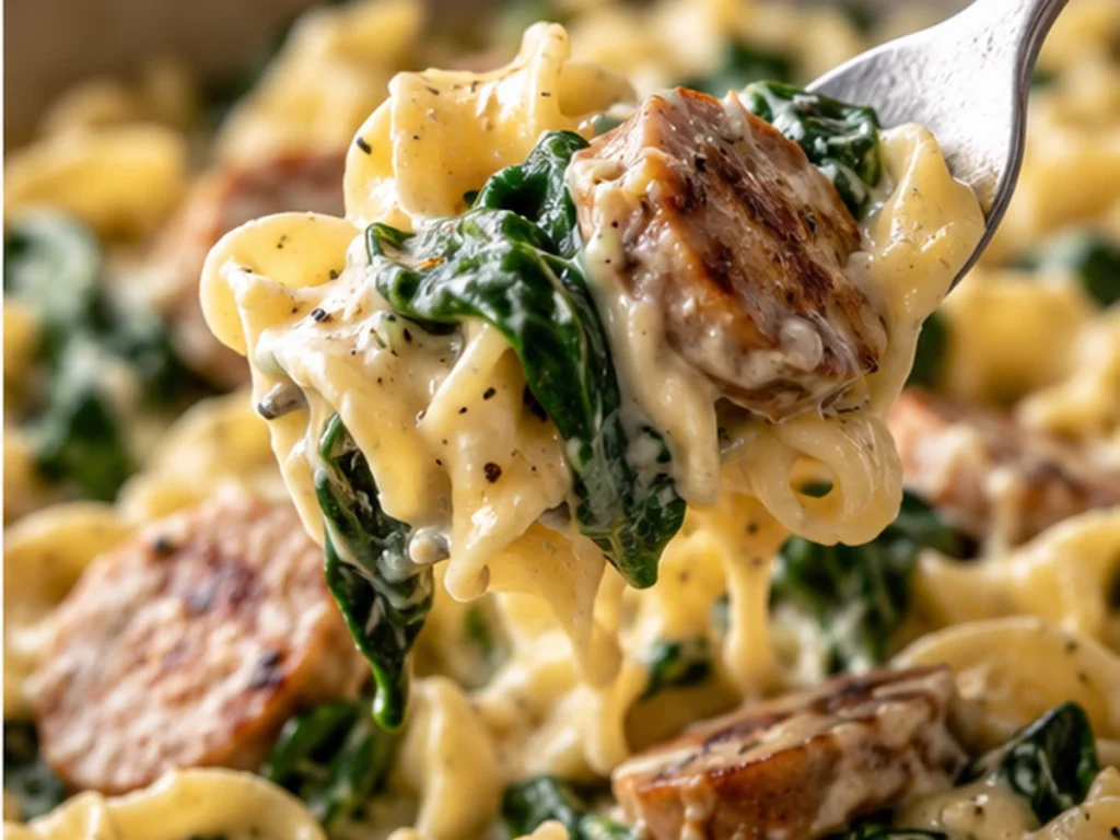 One Pot Turkey Sausage Noodles with Spinach