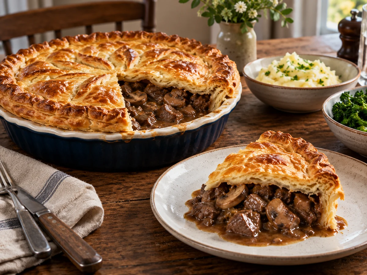 Scottish steak and mushroom pie served for dinner