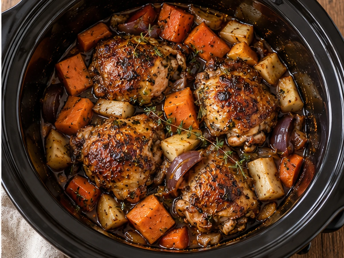 slow cooker balsamic chicken served as a cozy dinner