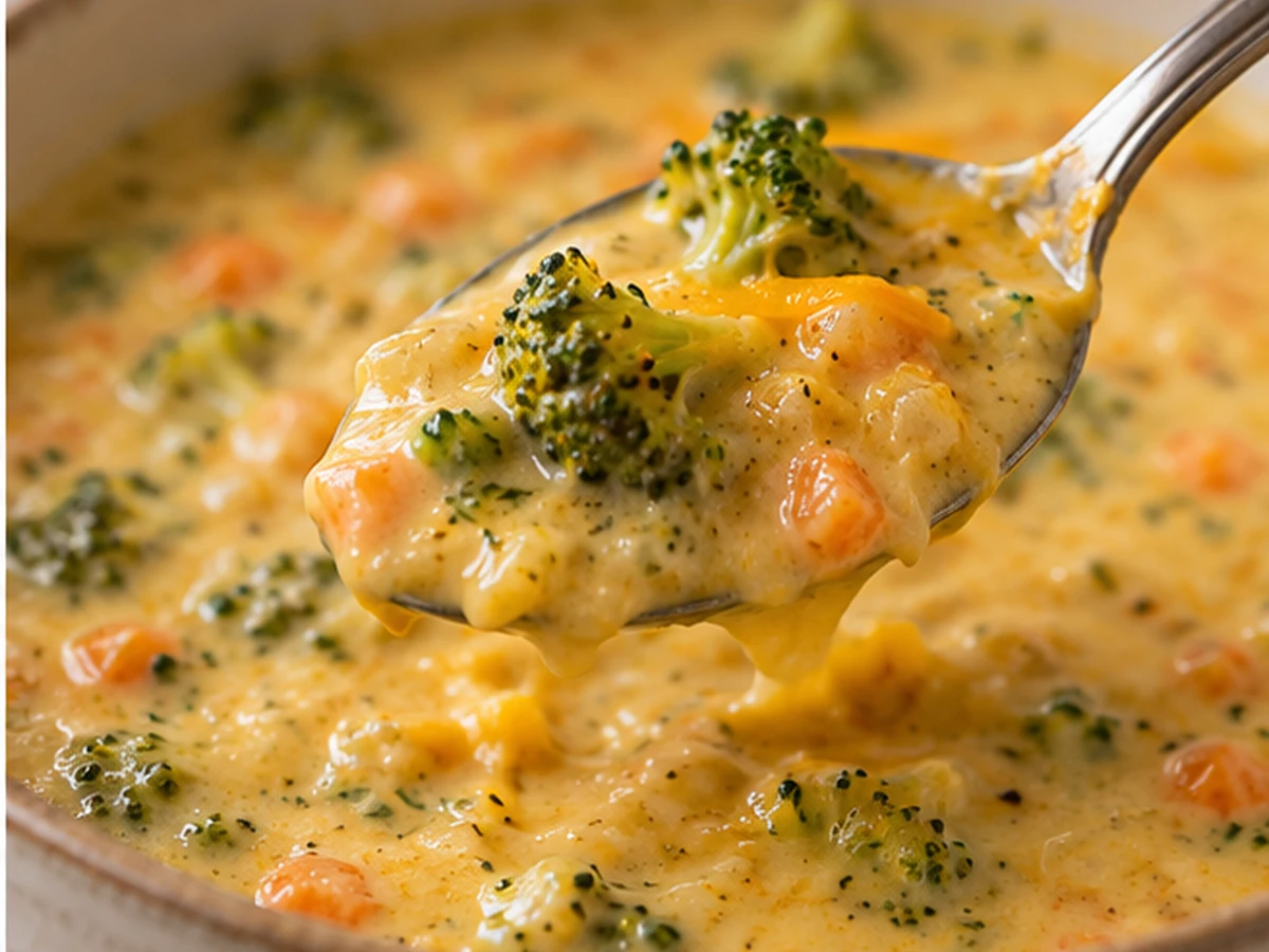 slow cooker broccoli cheddar soup with carrots served for dinner