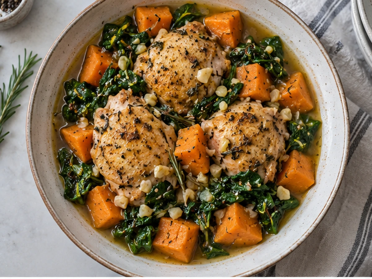 slow cooker chicken sweet potato spinach recipe served as a cozy dinner