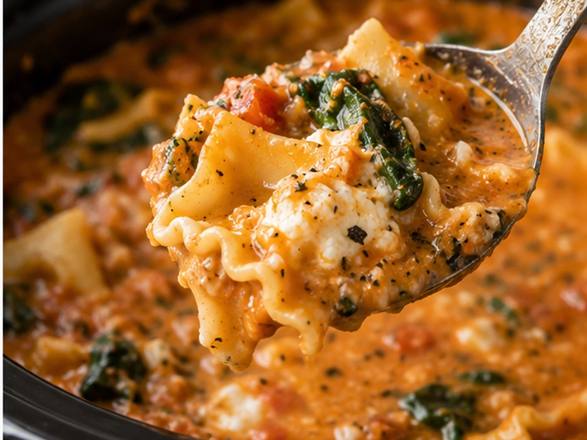 slow cooker pumpkin lasagna soup with spinach served for dinner