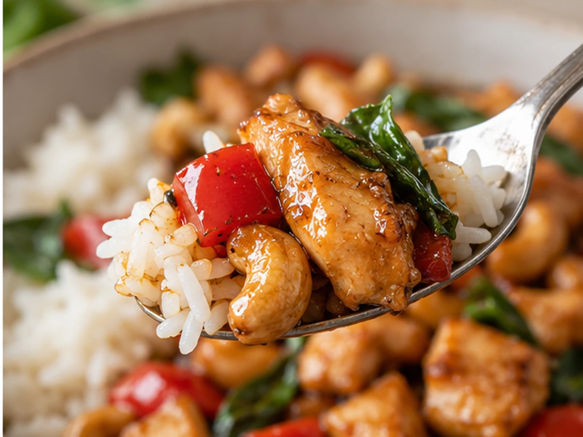 thai basil cashew chicken with coconut rice served for dinner