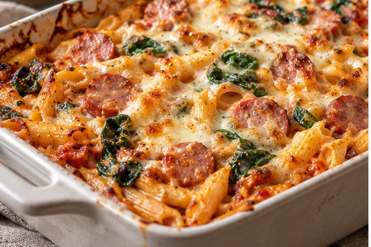 Turkey Kielbasa Pasta Bake with Spinach