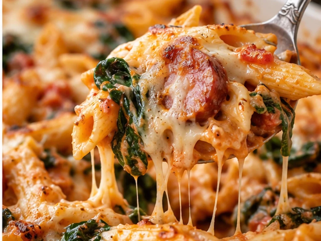 Turkey Kielbasa Pasta Bake with Spinach