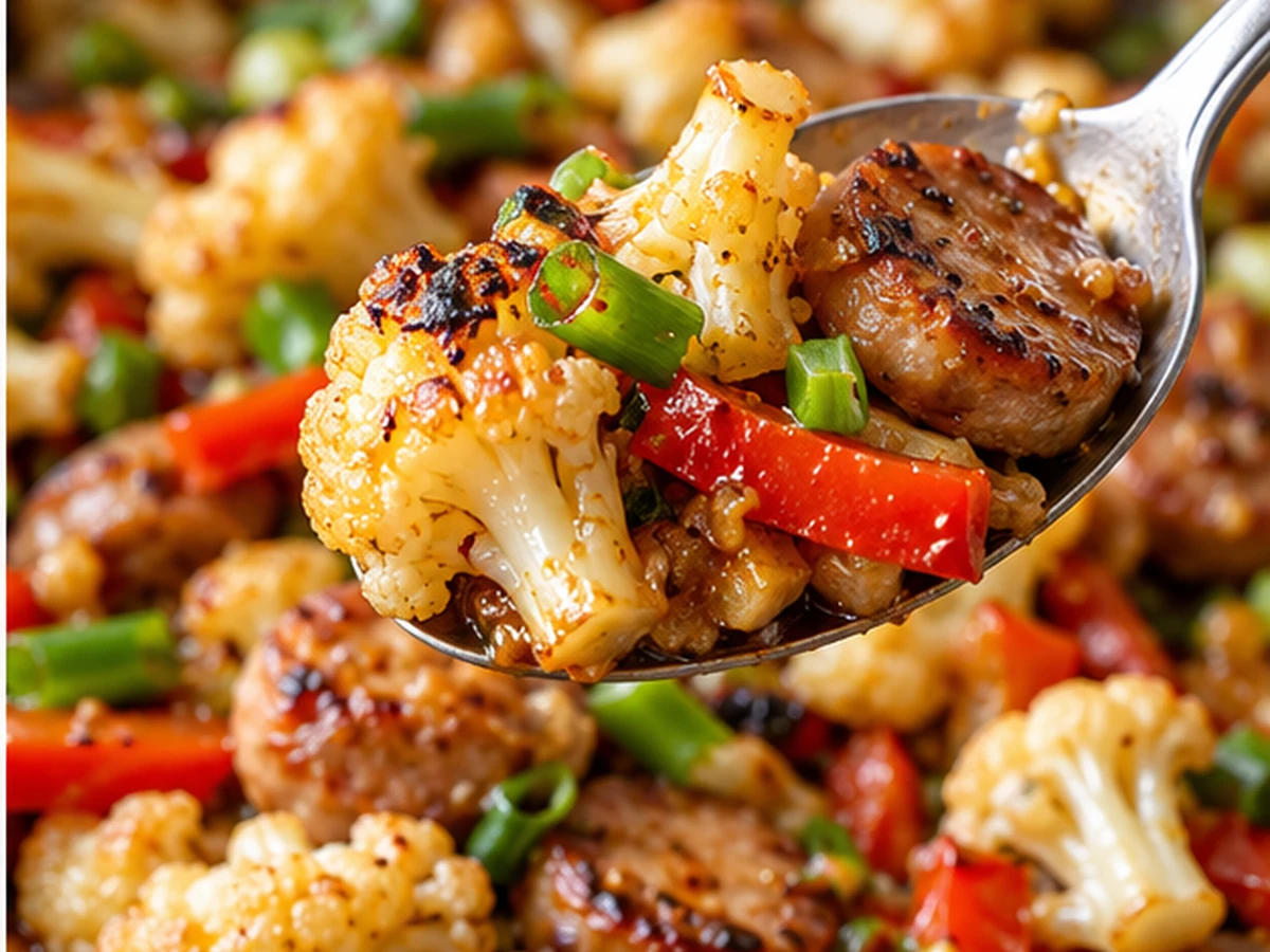 turkey sausage cauliflower stir fry served for dinner
