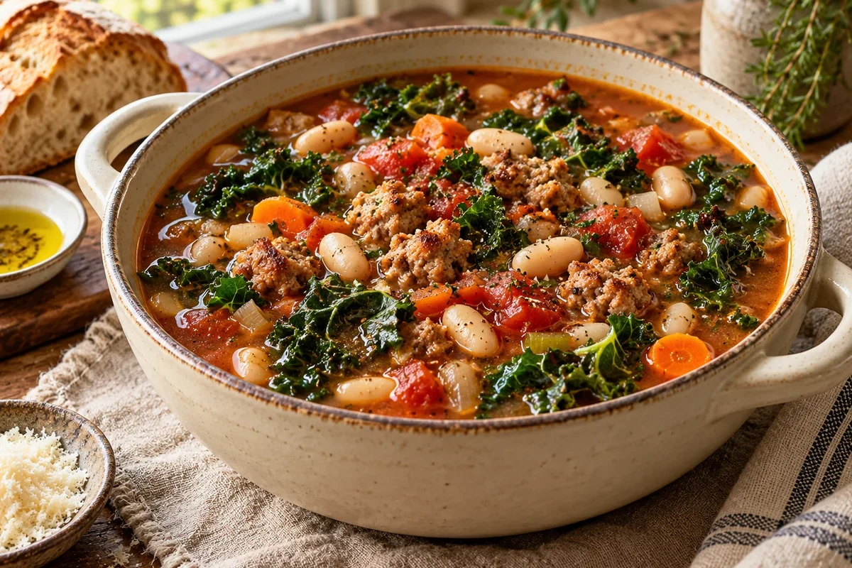 Tuscan Sausage White Bean Kale Soup